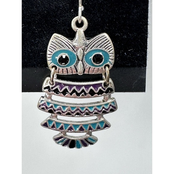 Catherines Owl Dangle Earrings Silver Tone Green & Purple Enamel Fish Hook Boho - Picture 5 of 6